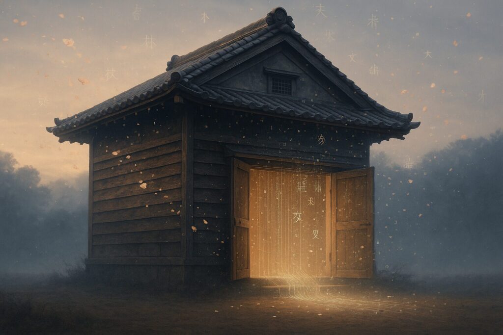 "Traditional Japanese storehouse (kura) with digital wisdom flowing out, representing the concept of Traditional AI"