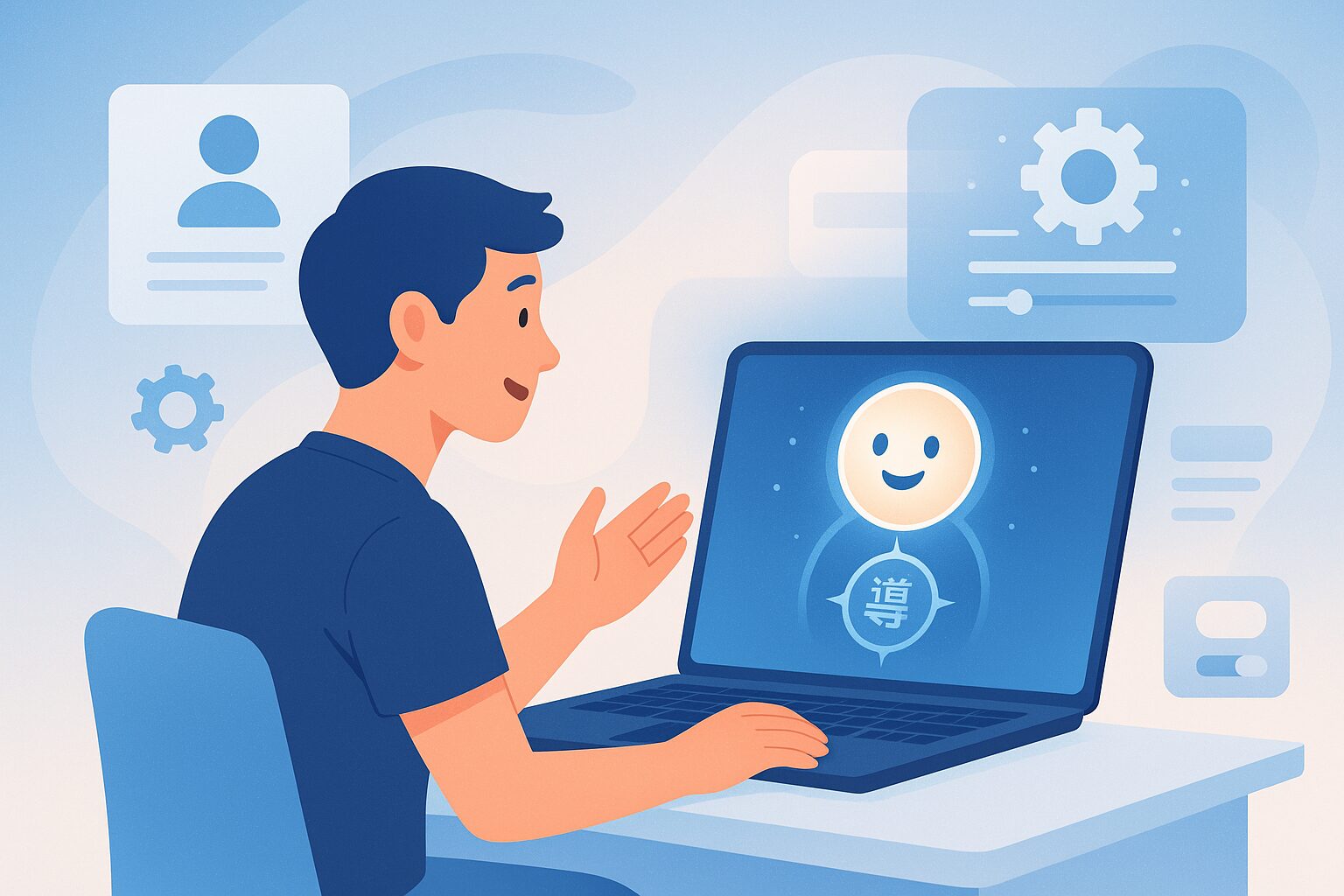 AIのパーソナル設定を現代の羅針盤として活用する人とAIアシスタントの対話風景