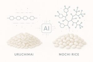 うるち米（左）とアミロース直鎖構造、もち米（右）とアミロペクチン分岐構造を示したAI分類の概念図