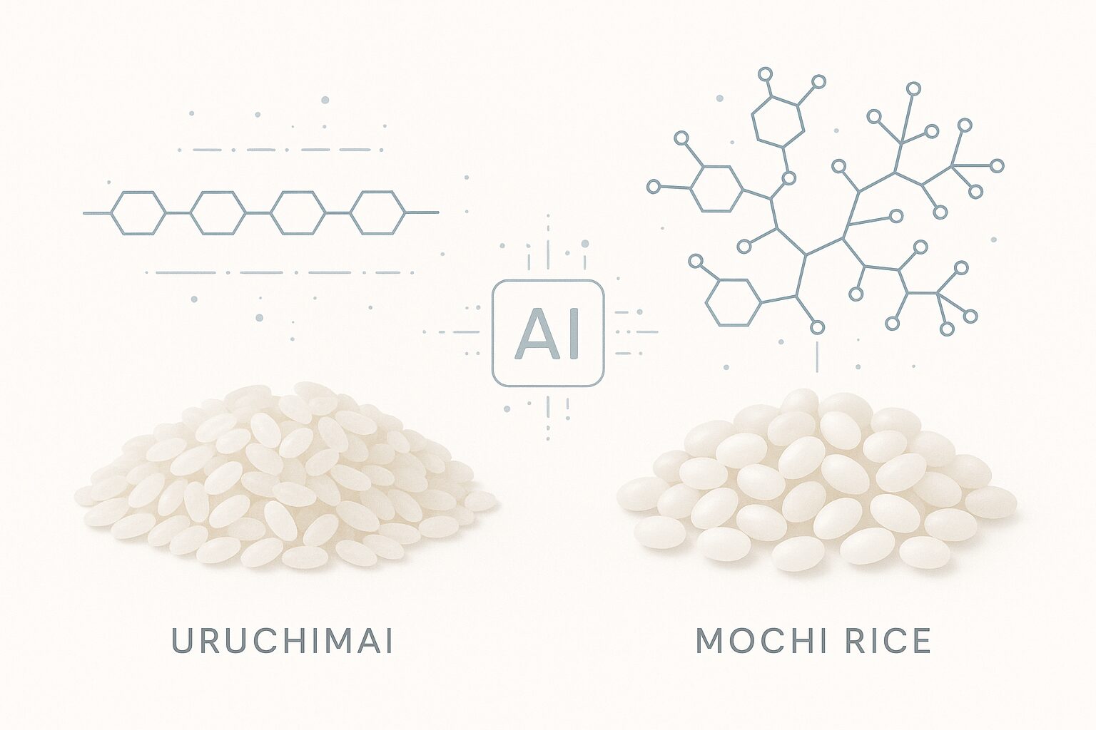 うるち米(左)とアミロース直鎖構造、もち米(右)とアミロペクチン分岐構造を示したAI分類の概念図