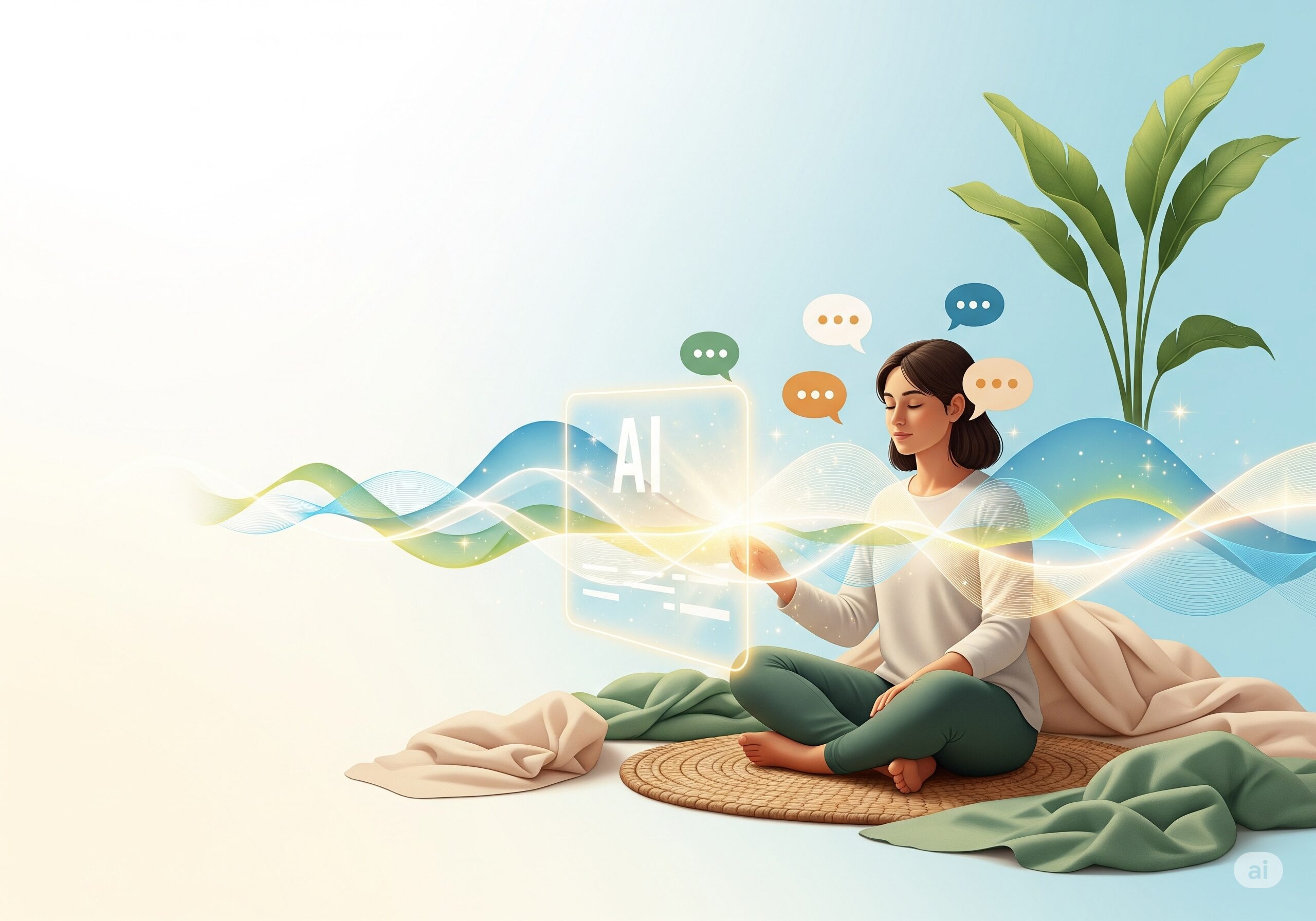 AIとの対話でウェルビーイングを高める人を描いた穏やかなイラスト。リラックスした人物が光る AI インターフェースと心地よく対話している女性の様子
