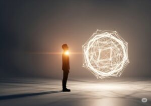 暗い空間で、輝く幾何学的な球体と向き合う一人の人物。AIとの創造的な対話と内省を象徴している。