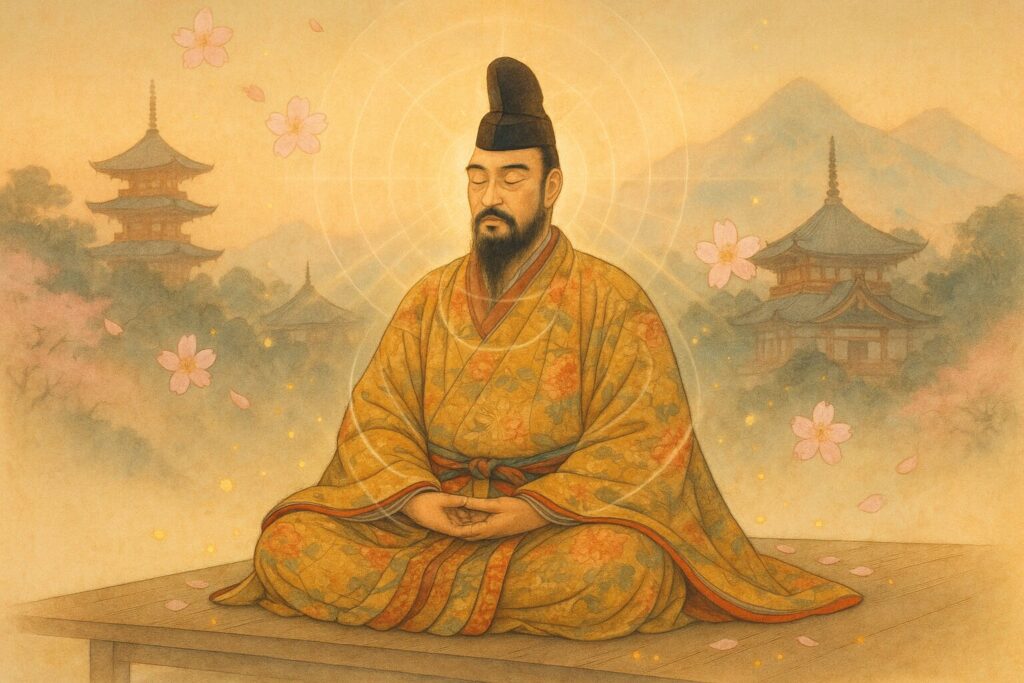 平安時代の装束を身にまとった平清盛が瞑想のポーズで座る幻想的なイラスト。桜の花びらと黄金の光に包まれ、背景には霞がかった日本の伝統建築が描かれている。栄華とマインドフルネスを表現した風流な日本画風デジタルアート。