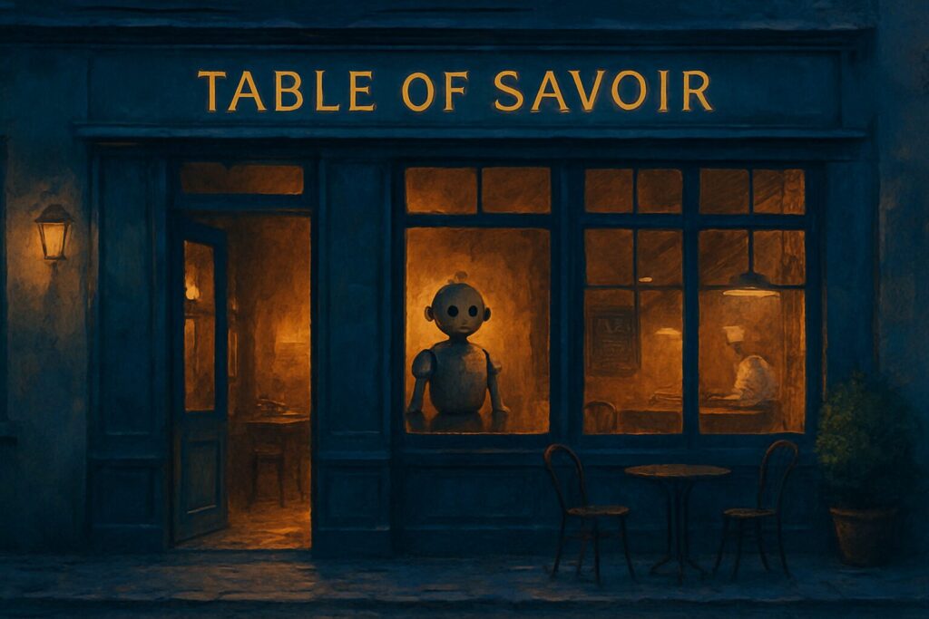 「Table of Savoir」という詩的なレストランの外観。夕暮れのあたたかな光に包まれ、厨房ではAI調理師が働き、窓辺では静かなロボットが来訪者を迎えている。