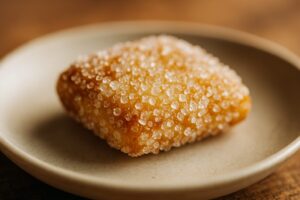 ザラメおかきの表面のきらめきと醤油の焼き色が交差する瞬間