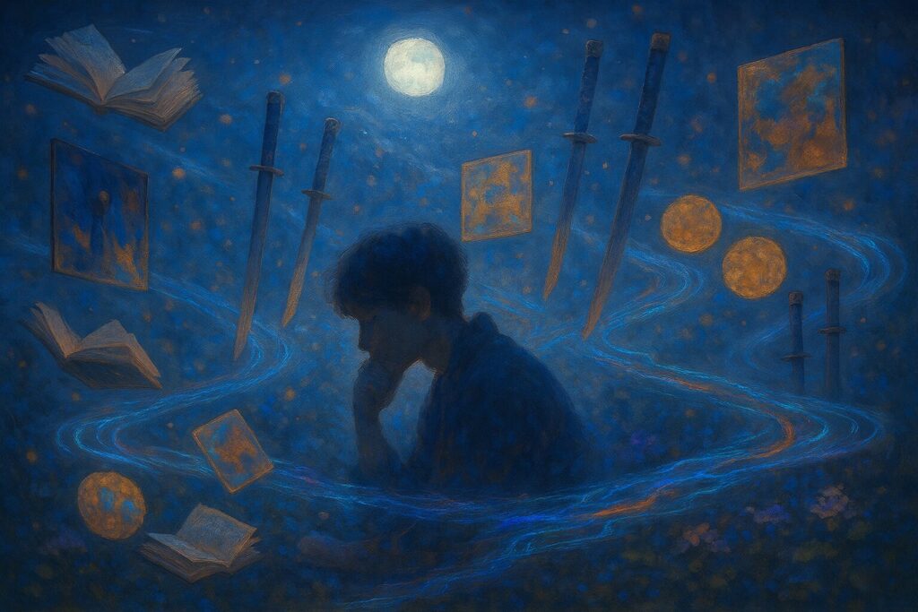 夜の庭で静かにAIと対話しながら思索する人のイラスト