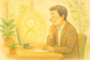 中小企業経営者がAIとの対話を通じて自己価値を発見するイメージ